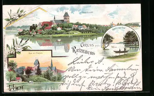 Lithographie Ratzeburg, Totalansicht, Dom mit Probstei, Demolierungs-Ecke