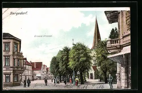 AK Hamburg-Bergedorf, Grosse Strasse mit Kirche