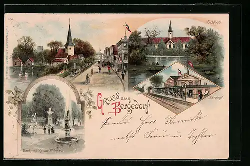 Lithographie Hamburg-Bergedorf, Schloss, Bahnhof, Denkmal Kaiser Wilhelm I.