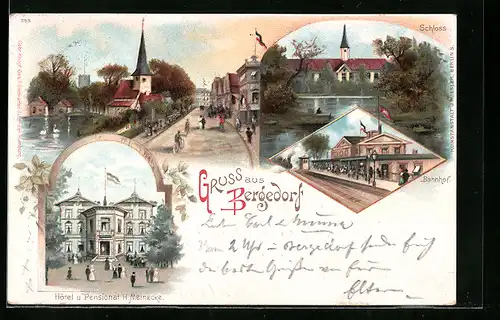 Lithographie Hamburg-Bergedorf, Hotel und Pensionat H. Meinecke, Schloss, Bahnhof