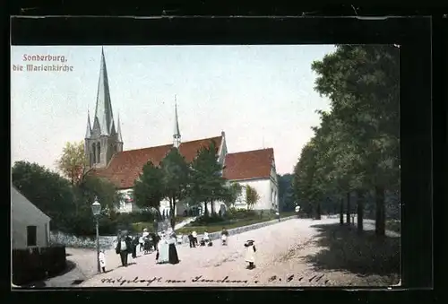 AK Sonderburg, Marienkirche mit Strassenpartie