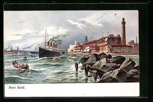 Künstler-AK Friedrich Perlberg: Port Said, Hafen mit Dampfschiff