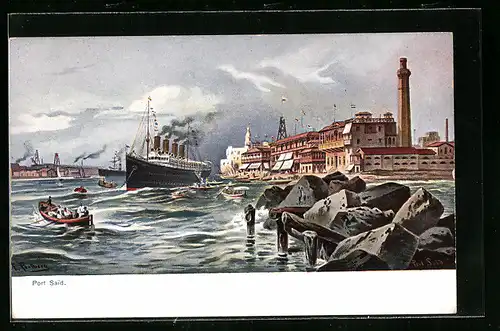 Künstler-AK Friedrich Perlberg: Port Said, Hafen mit Dampfschiff