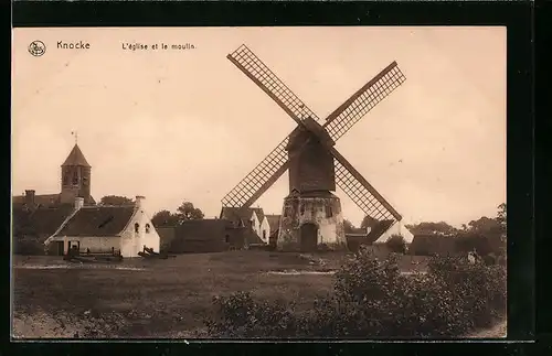 AK Knocke, L`église et le moulin, Windmühle