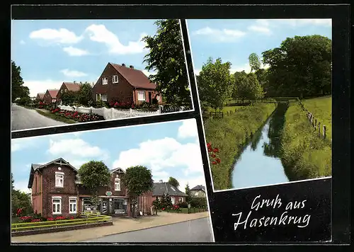 AK Hasenkrug, Ortspartie, Geschäft, Bach