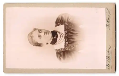 Fotografie B. Boden, Zittau i. Sa., junge Dame mit Spiegel in der Hand lehnt an einer Säule, Plattenkamera zu Füssen