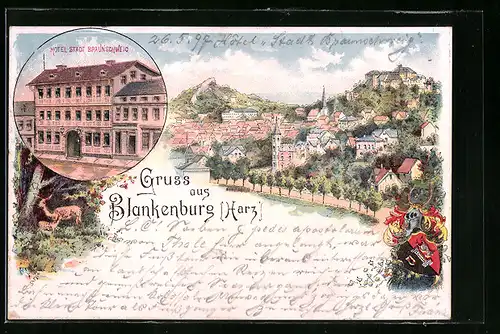 Lithographie Blankenburg /Harz, Hotel Stadt Braunschweig, Wappen