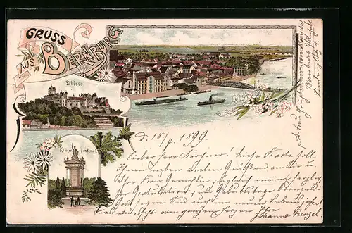 Lithographie Bernburg, Schloss, Kriegerdenkmal, Teilansicht