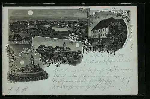 Mondschein-Lithographie Allstedt, Panorama, Schlossgasthof, Kyffhäuser Denkmal