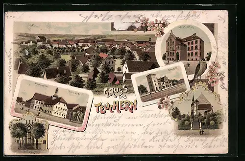 Lithographie Teuchern, Rathskeller, Denkmal, Neue Schule, Bahnhof