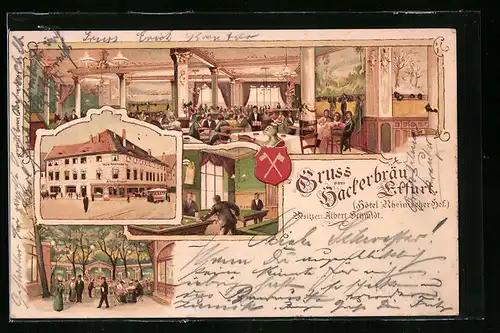 Lithographie Erfurt, Hotel Rheinischer Hof, Gasthaus Hackerbräu