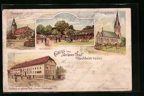 Lithographie Hochheim b. Erfurt, Gasthaus zum grünen Tal, Gartenlokal, Katholische Kirche, Evang. Kirche