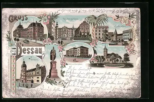 Lithographie Dessau, Erbpr. Palais, Residenzschloss, Lustgarten, Rathhaus, Antoinettenschule