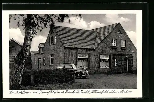 AK Willmsfeld, Gemischtwaren und Dampfbäckerei Bernh. J. Juilss, Automobil