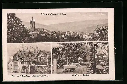 AK Rauenthal i. Rhg., Gast- und Weinhaus Nassauer Hof, Partie vom Garten, Totalansicht