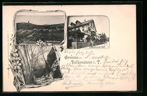 AK Falkenstein i. T., Gasthof Frankfurter Hof, Ruine Falkenstein im Winter