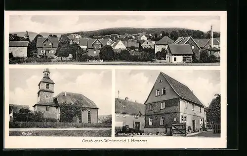 AK Wetterfeld /Hessen, Gastwirtschaft Christian Müller, Totale und Kirche