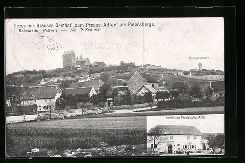 AK Wallwitz, Krauses Gasthof zum Preuss. Adler am Petersberge, Teilansicht mit Bismarckturm