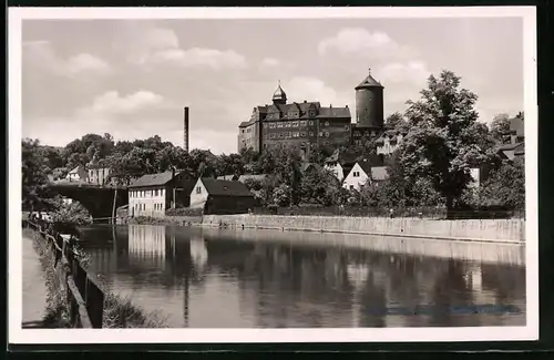 Fotografie Brück & Sohn Meissen, Ansicht Zschopau i. Sa., Flusspartie mit Blick zum Schloss Wildeck