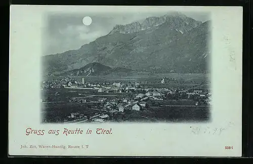 Mondschein-AK Reutte, Teilansicht mit Bergen