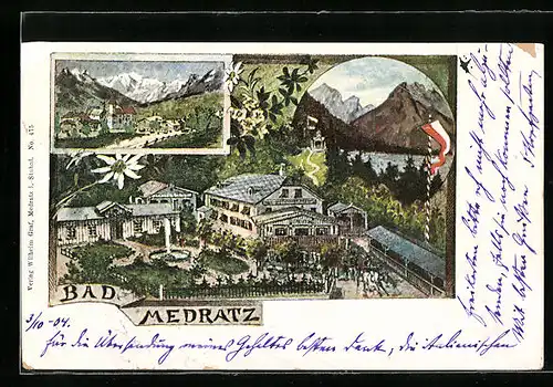 Künstler-AK Bad Medratz, Gasthof, Uferpartie, Ortspartie
