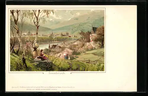 Lithographie Innsbruck, Uferpartie mit Ausflüglern