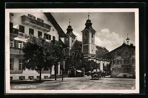 AK St. Johann, Strassenpartie mit Gasthof und Kirche