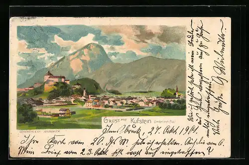 Lithographie Kufstein /Unterinnthal, Teilansicht mit Bergen