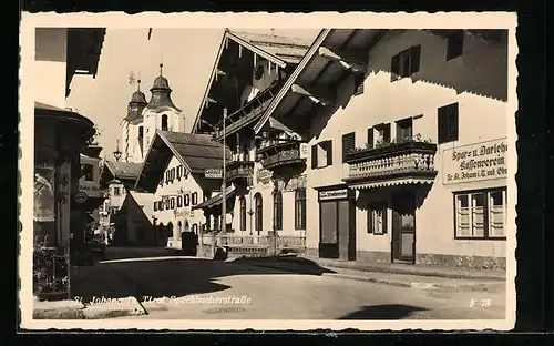 AK St. Johann, Speckbacherstrasse mit Hotel-Bär, Gasthof Post und Sparkassenverein