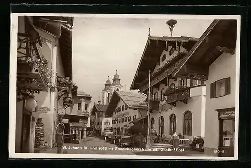 AK St. Johann, Speckbacherstrasse mit Gasthof Post, Gasthof zum Bären und Geschäften