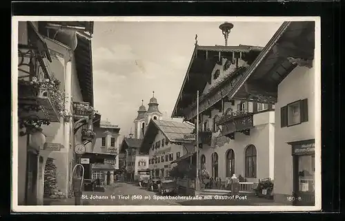 AK St. Johann, Speckbacherstrasse mit Gasthof Post, Gasthof zum Bären und Geschäften