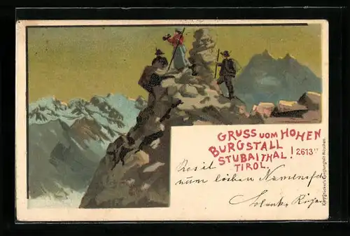 Künstler-AK Hoher Burgstall /Stubaithal, Ansicht mit Bergsteigern
