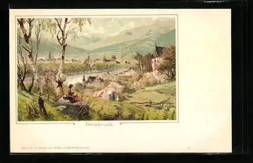 Lithographie Innsbruck, Uferpartie mit Ausflüglern