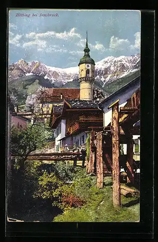AK Hötting bei Innsbruck, Ortspartie mit Blick ins Gebirge