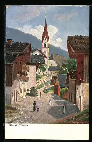 Künstler-AK Hippach im Zillertal, Strassenpartie mit Blick zur Kirche