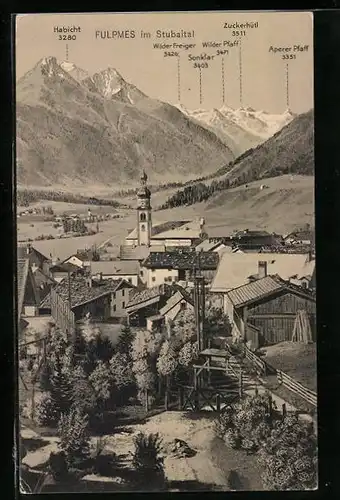 AK Fulpmes im Stubaital, Ortsansicht gegen Habicht und Zuckerhütl