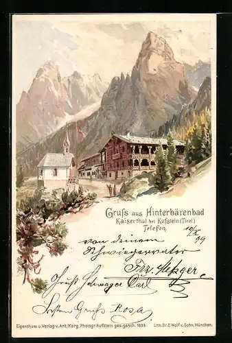 Lithographie Hinterbärenbad bei Kufstein, Hotel Hinterbärenbad im Kaisertal