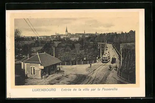 AK Luxembourg, Entrée de la ville par la Passerelle, Strassenbahn