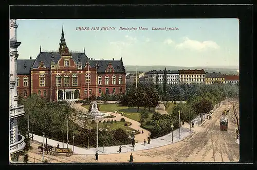 AK Brünn, Deustches Haus mit Strassenbahn