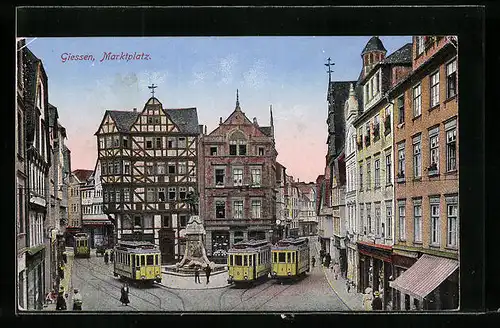 AK Giessen, Marktplatz mit Strassenbahn