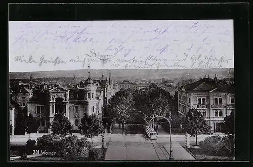 AK Weimar, Hotel Kaiserin Auguste und Strassenbahn