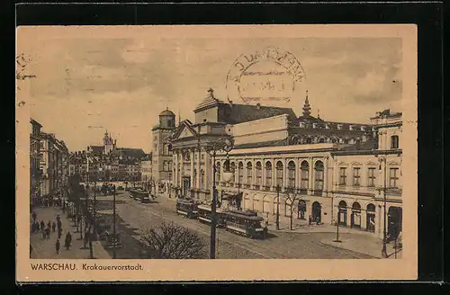 AK Warschau, Krakauervorstadt, Strassenpartie mit Strassenbahn