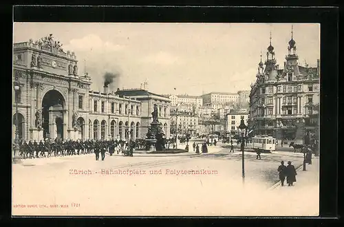 AK Zürich, Bahnhofsplatz und Polytechnikum, Strassenbahn