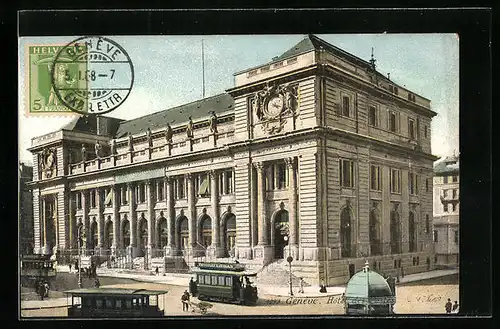 AK Genève, Hotel des Postes, Strassenbahn