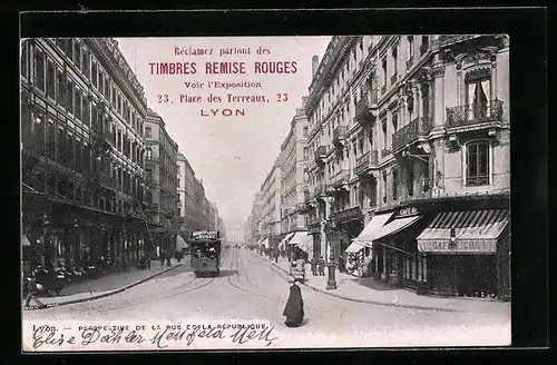 AK Lyon, Timbres Remise Rouges, Place de Terreaux 23, Strassenbahn