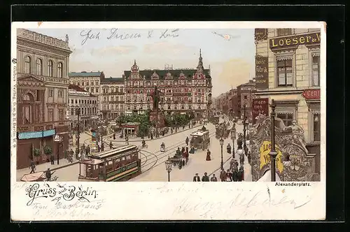 Lithographie Berlin, Strassenbahnen auf dem Alexanderplatz