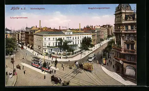 AK Halle a. S., Strassenbahnen am Riebeckplatz, Magdeburgerstrasse und Leipzigerstrasse