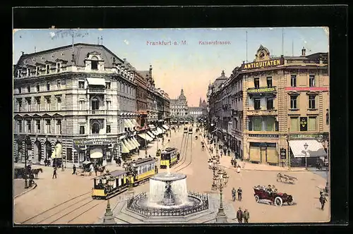 AK Frankfurt a. M., Kaiserstrasse mit Springbrunnen und Strassenbahn