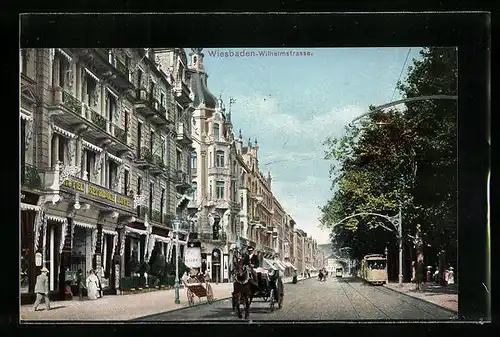 AK Wiesbaden, Strassenbahn auf der Wilhelmstrasse