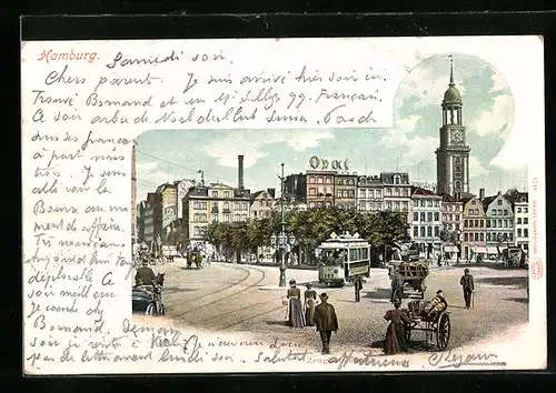 AK Hamburg, Passanten auf einem Platz mit Kirche und Strassenbahn